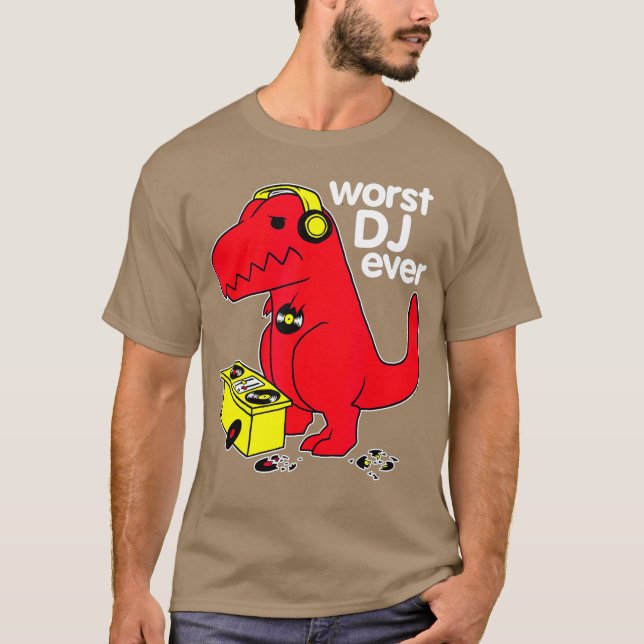 Worst DJ Ever Funny Red Dinosaur T-Shirt (Front)