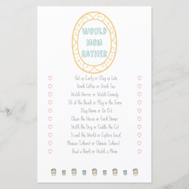 Would Mum Rather Adventure Baby Shower Game (Front)