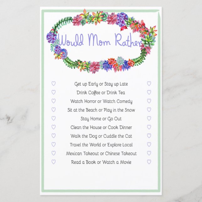 Would Mum Rather Succulent Baby Shower Game (Front)