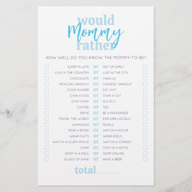 Would Mummy Rather Light Blue Baby Shower Game (Front)