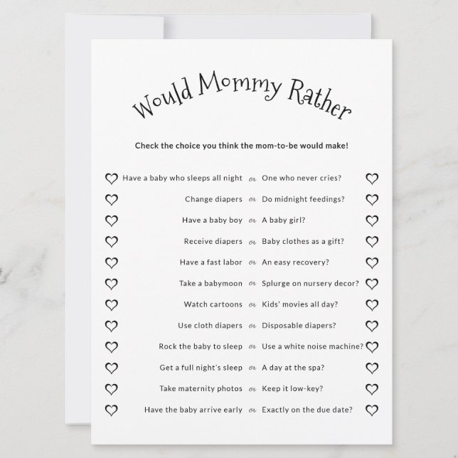 Would Mummy Rather Minimalist Baby Shower Game Card (Front)