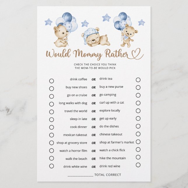 Would Mummy Rather Teddy Bear Boy Baby Shower  (Front)