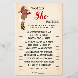 Would She Rather AA Fireman Baby Shower Game Card
