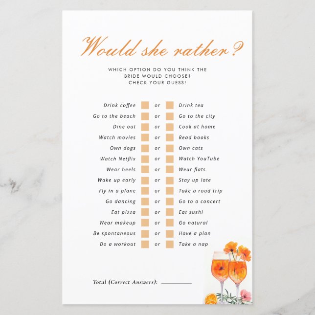 Would She Rather Aperol Spritz Bridal Shower Game (Front)