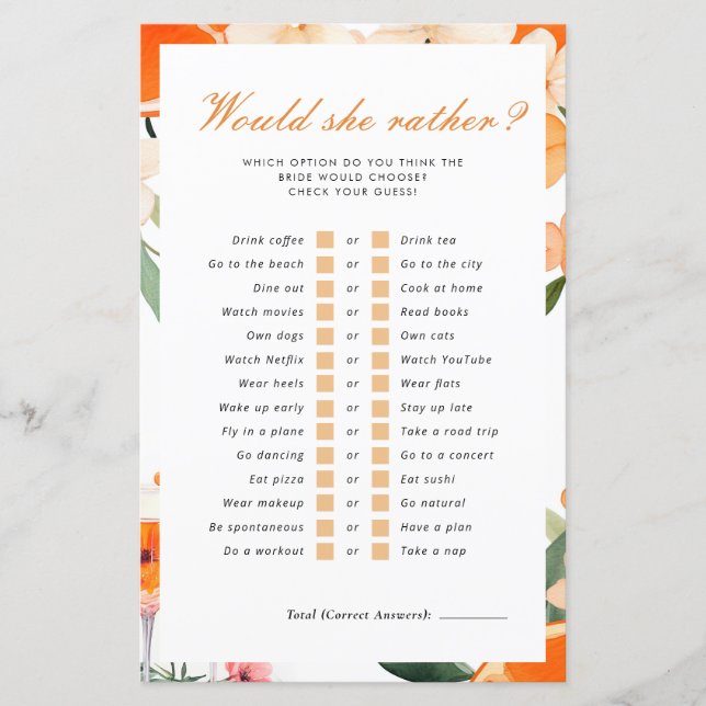 Would She Rather Aperol Spritz Bridal Shower Game (Front)