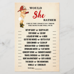 Would She Rather Baby Firefighter Shower Game Card