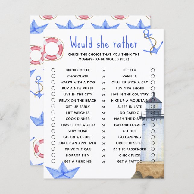 Would she rather - baby shower game (Front/Back)