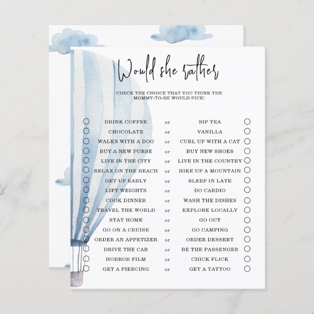 Would she rather - baby shower game (Front/Back)