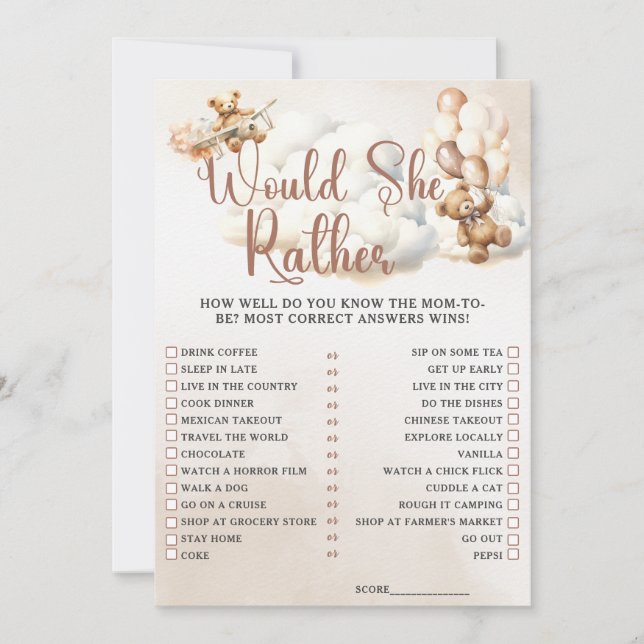 WOULD SHE RATHER Baby Shower Game Cute Bear In Invitation (Front)