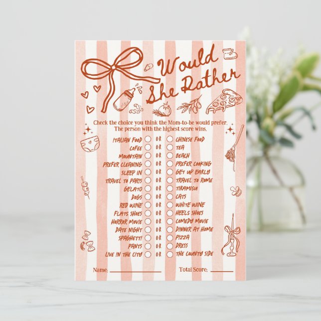 Would She Rather Baby Shower Game in Red (Standing Front)