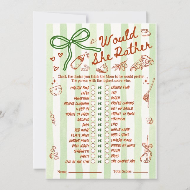 Would She Rather Baby Shower Game in Red Green (Front)