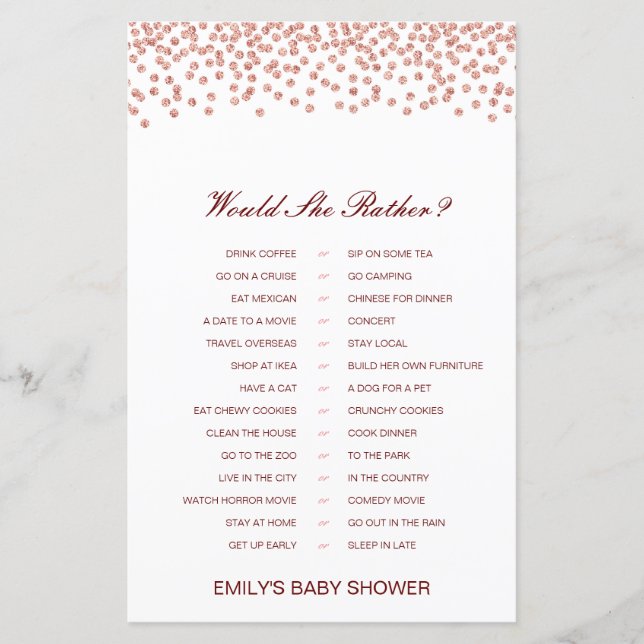Would She Rather Baby Shower Game PRINTED (Front)