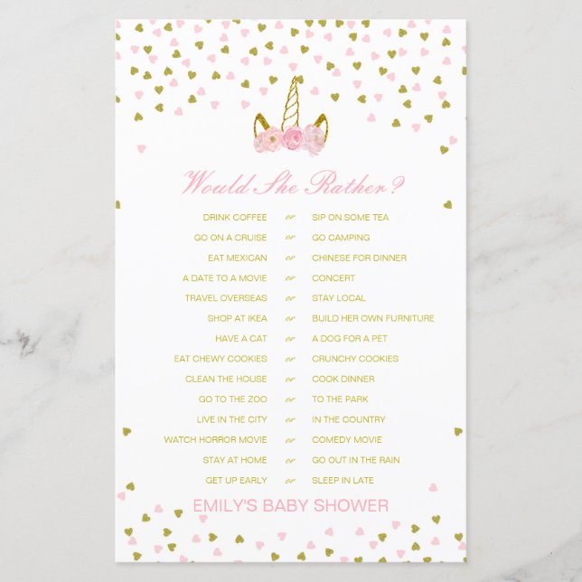 Would She Rather Baby Shower Game PRINTED (Front)