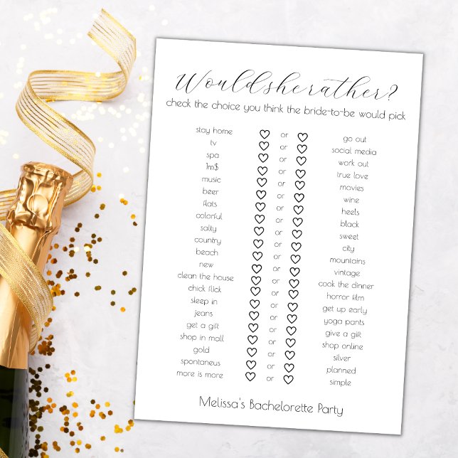 Would She Rather Bachelorette Party Game Card (would she rather bachelorette party game would she rather bridal shower game elegant minimalist)