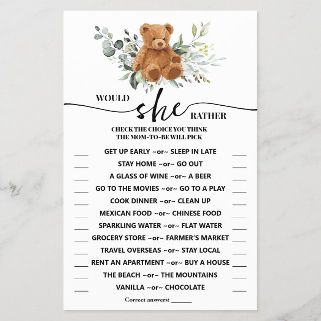 Would She Rather Bear Greenery Shower Game Card (Front)