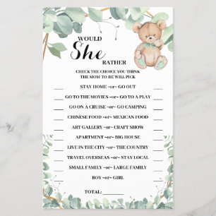 Would She Rather Bear Greenery Shower Game Card
