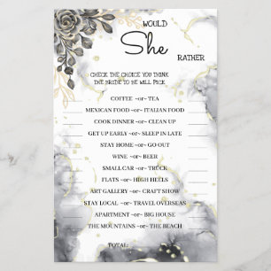 Would She Rather Black Rose BridalShower Game Card
