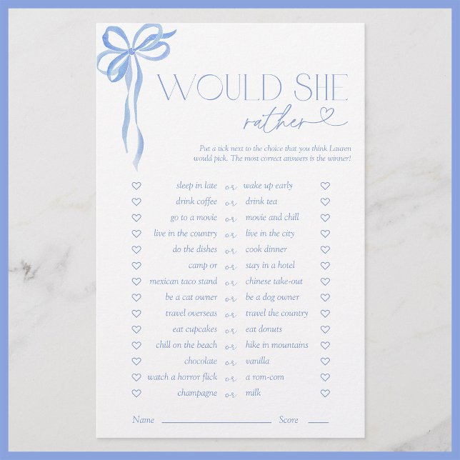 Would She Rather Blue Bow Bridal Shower Game (Creator Uploaded)