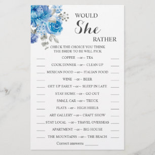 Would She Rather Blue Bridal Shower Game Card