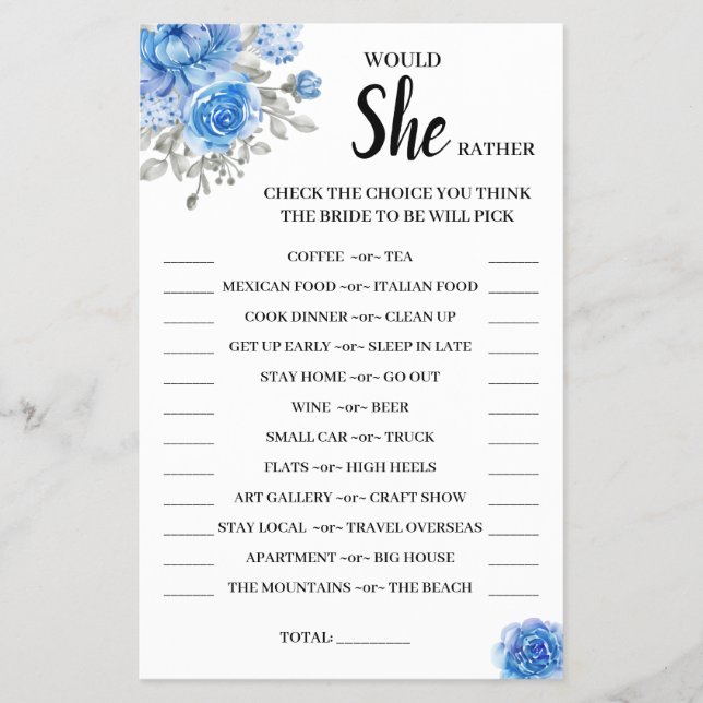 Would She Rather BlueFlower Bridal Shower GameCard Flyer (Front)