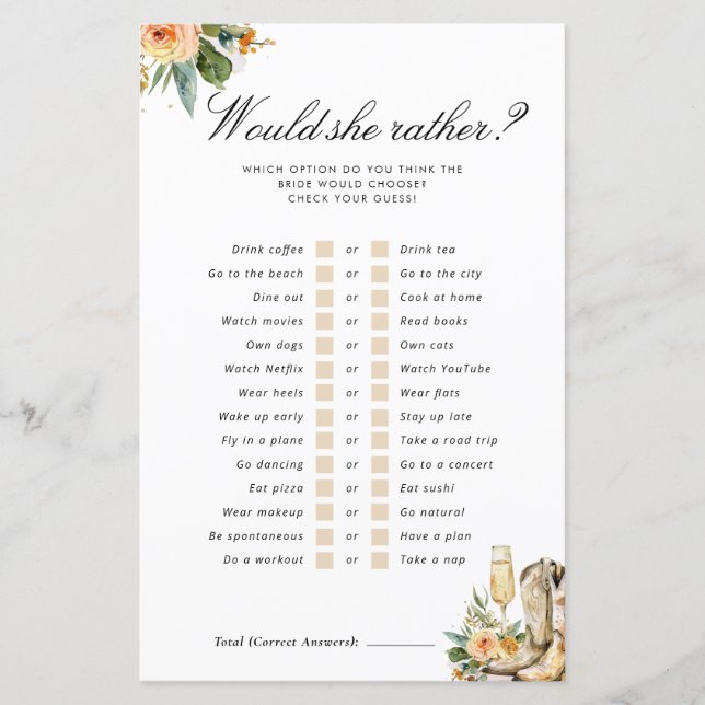 Would She Rather Boots Bubbly Bridal Shower Game (Front)