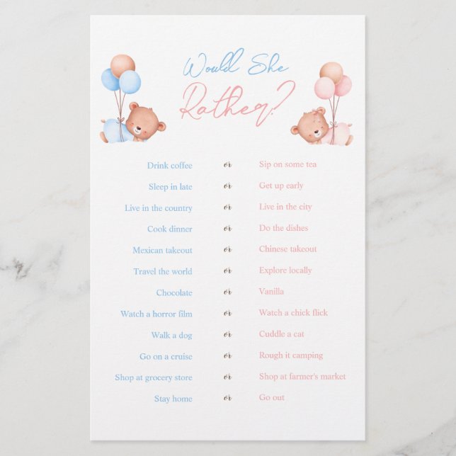 Would She Rather Boy Girl Twins Teddy Bear Game Flyer (Front)