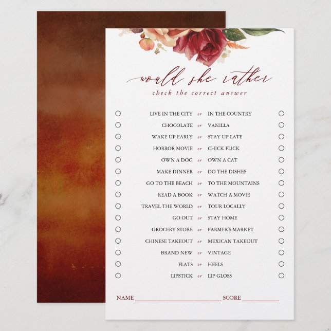Would She Rather Bridal Game Cards (Front/Back)