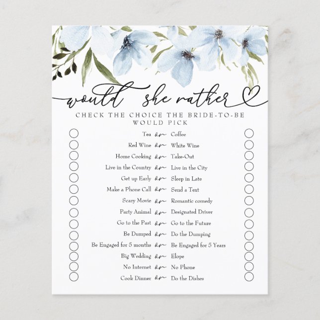Would She Rather | Bridal Shower Game (Front)