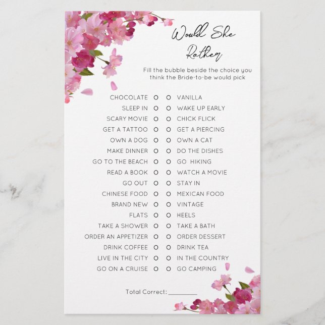 Would She Rather- Bridal Shower Game (Front)