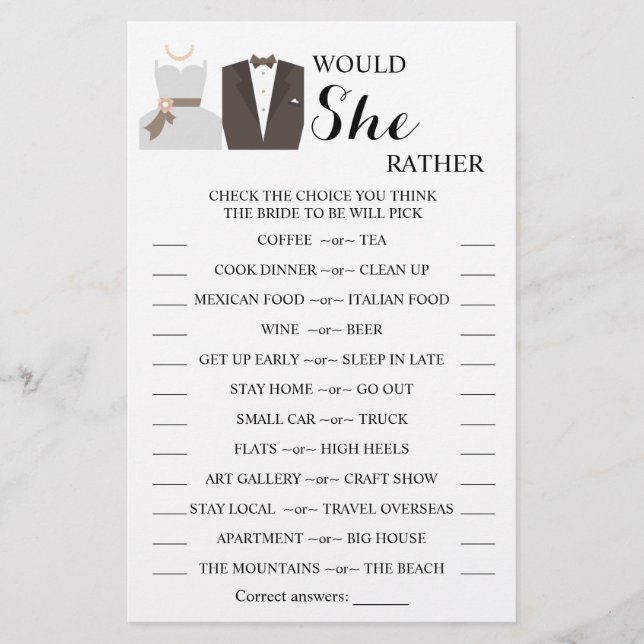 Would She Rather Bridal Shower Game Card (Front)