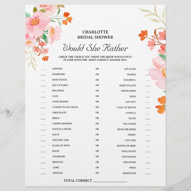  Would She Rather Bridal Shower Game Floral Flyer (Front)