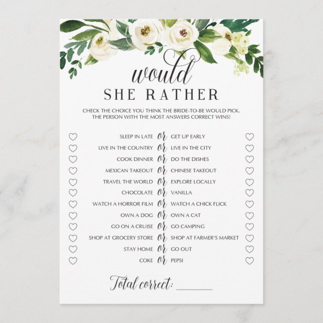 Would She Rather Bridal Shower Game Floral Theme Invitation (Front)