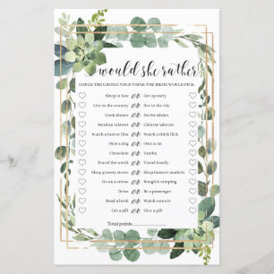 Would she rather bridal shower game green gold