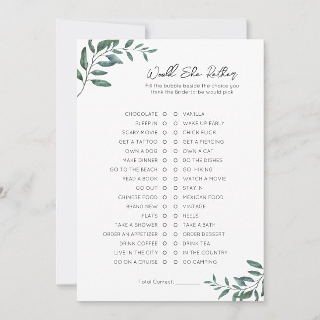 Would She Rather- Bridal Shower Game Holiday Card (Front)