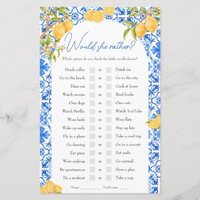Would She Rather Bridal Shower Game Lemon Themed (Front)
