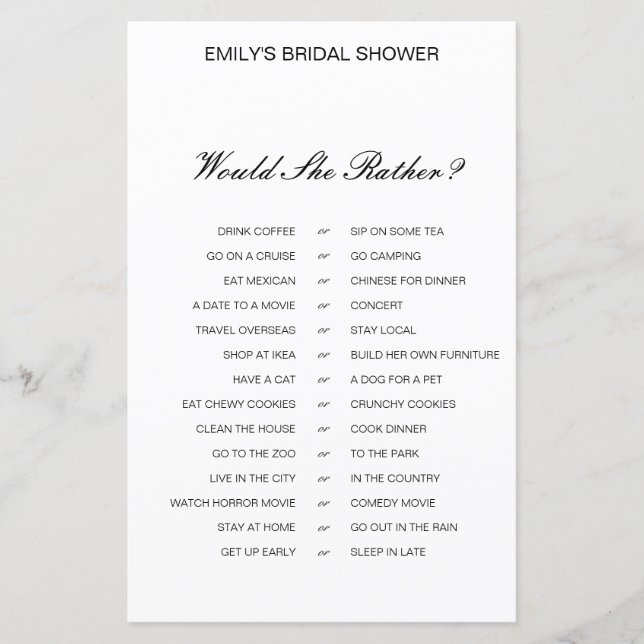 Would She Rather Bridal Shower Game PRINTED (Front)