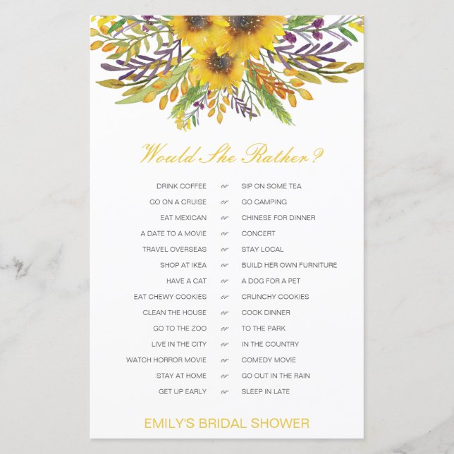 Would She Rather Bridal Shower Game PRINTED (Front)