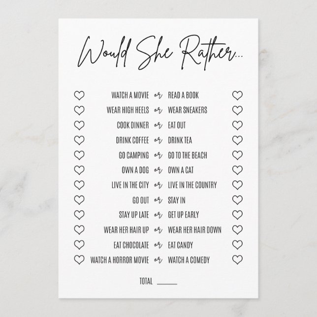 Would She Rather Bridal Shower Game Programme (Front)