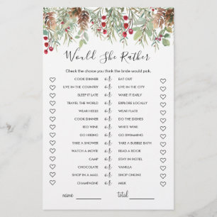 Would She Rather Bridal Shower Game, Winter Pine