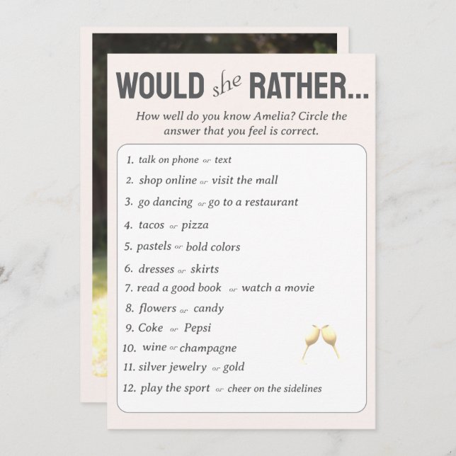 Would She Rather? Bridal Shower Game with Photo Advice Card (Front/Back)