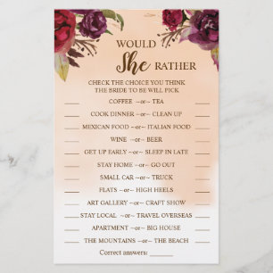 Would She Rather Burgundy Bridal Shower Game Card