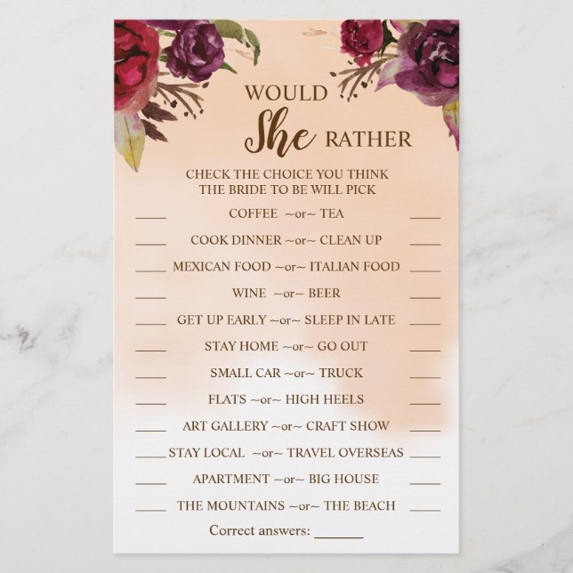 Would She Rather Burgundy Bridal Shower Game Card (Front)