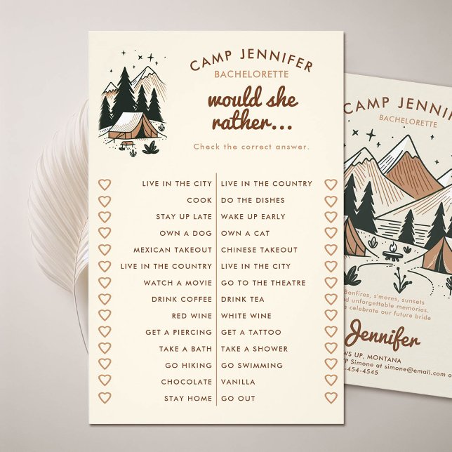 Would She Rather Camp Bachelorette Party Game Flyer (camping bachelorette party game would she rather camp bach earth colors beige brown)