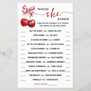 Would She Rather Cherry Baby Shower Game Card