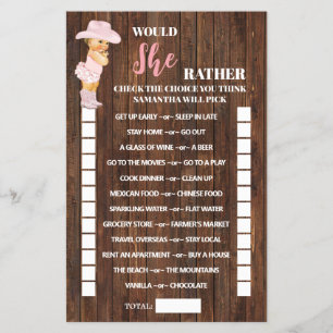 Would She Rather Cowgirl Baby Shower Game Card