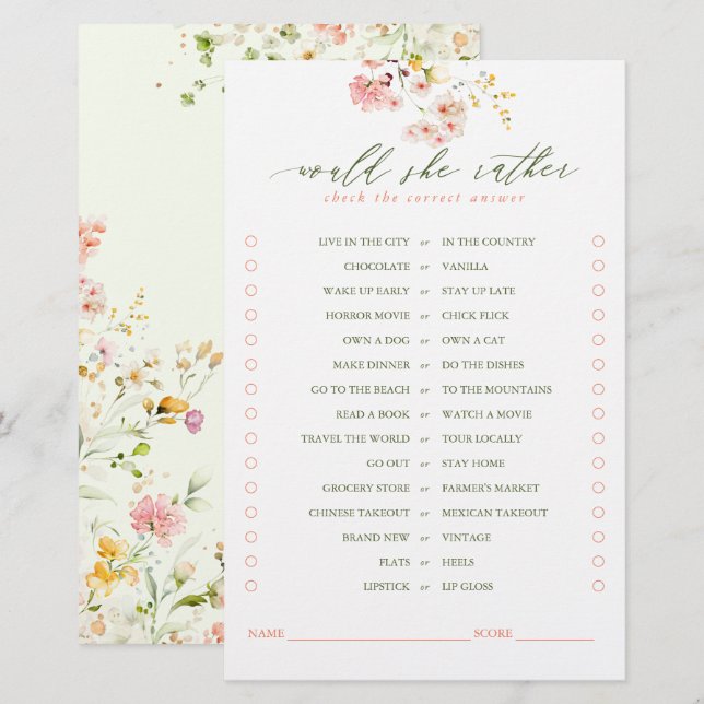 Would She Rather Cute Wildflowers Bridal Game (Front/Back)