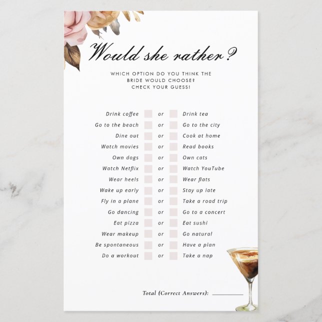 Would She Rather Espresso Bridal Shower Game (Front)
