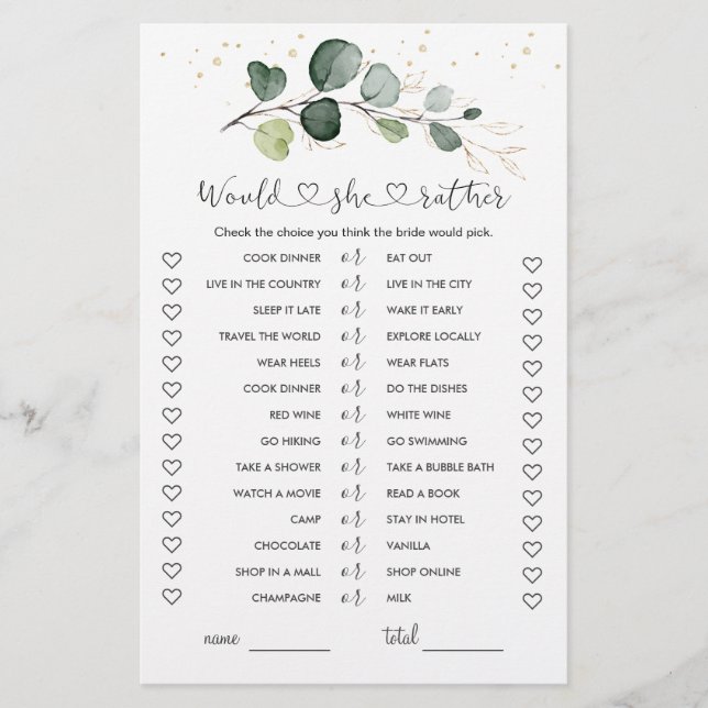 Would She Rather Eucalyptus Bridal Shower Game (Front)