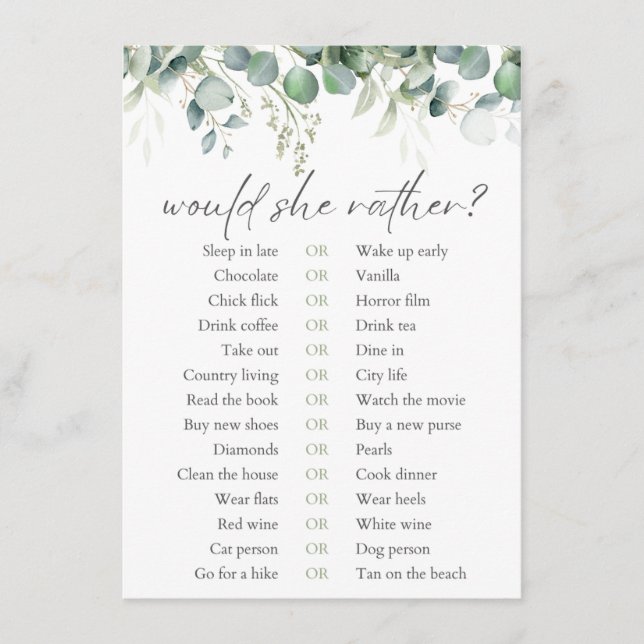 Would She Rather Eucalyptus Bridal Shower Game Enclosure Card (Front)