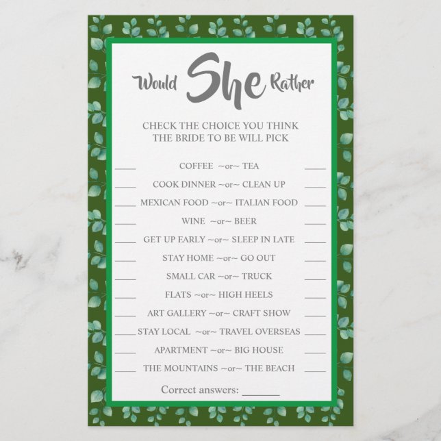 Would She Rather Eucalyptus BridalShower Game Card (Front)
